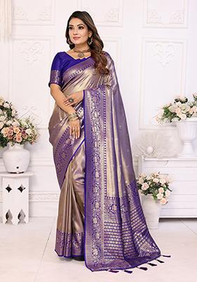 Lavender Zari Embroidered Silk Saree Set