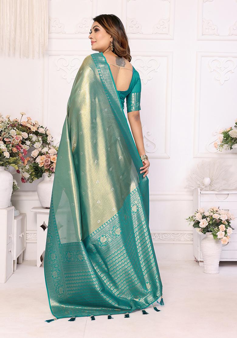 Sea Green Zari Embroidered Silk Saree Set