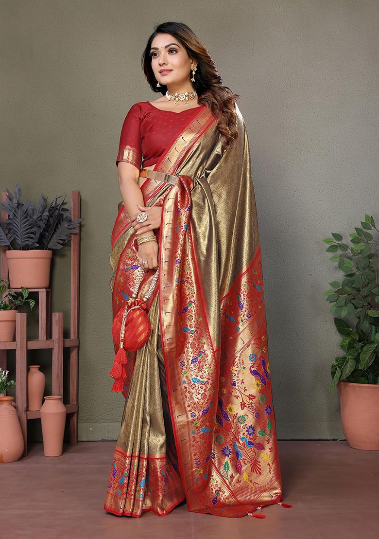 Brown Zari Embroidered Silk Saree Set