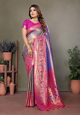 Lavender Zari Embroidered Silk Saree Set