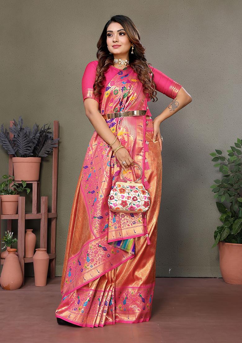 Orange Zari Embroidered Silk Saree Set