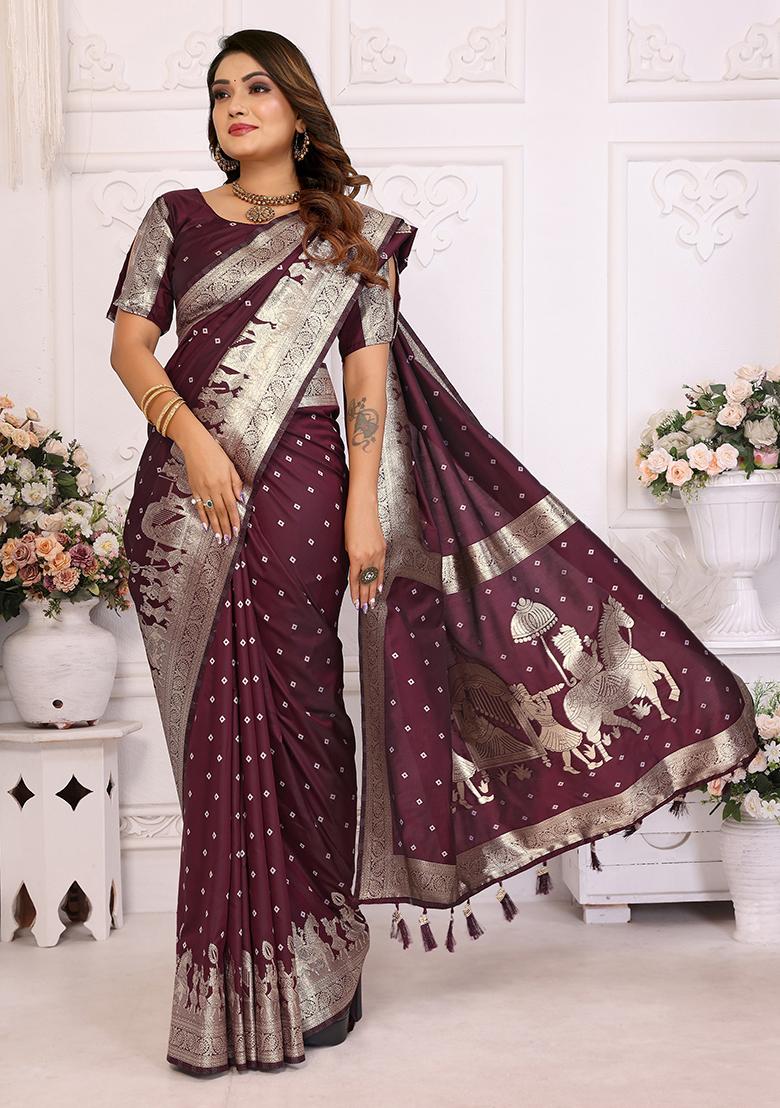 Brown Zari Embroidered Silk Saree Set