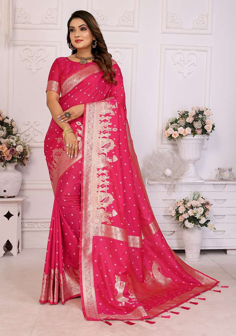 Pink Zari Silk Saree Set with Embroidered for Diwali | Wedding & Festive Wear - Indya