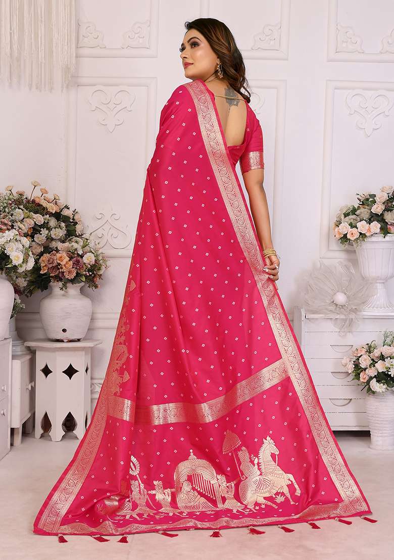 Pink Zari Silk Saree Set with Embroidered for Diwali | Wedding & Festive Wear - Indya