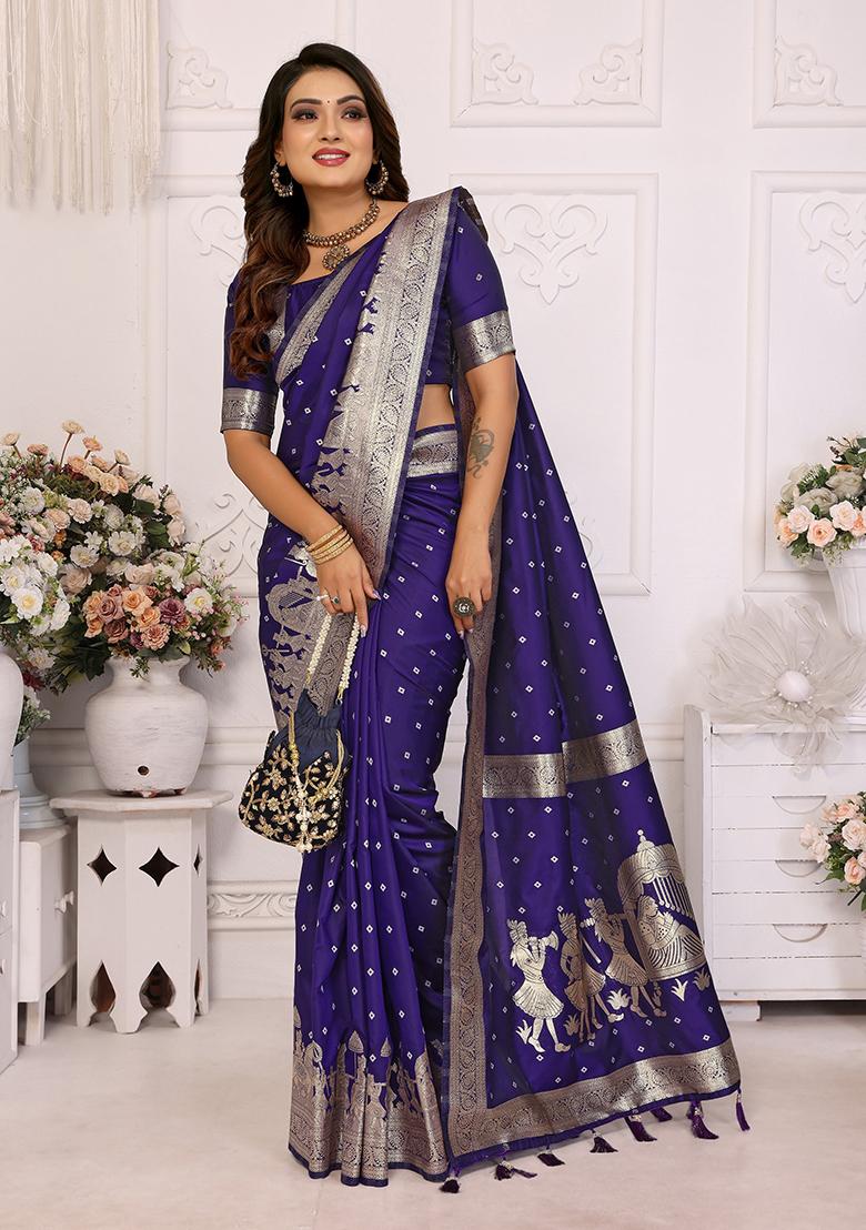 Violet Zari Embroidered Silk Saree Set