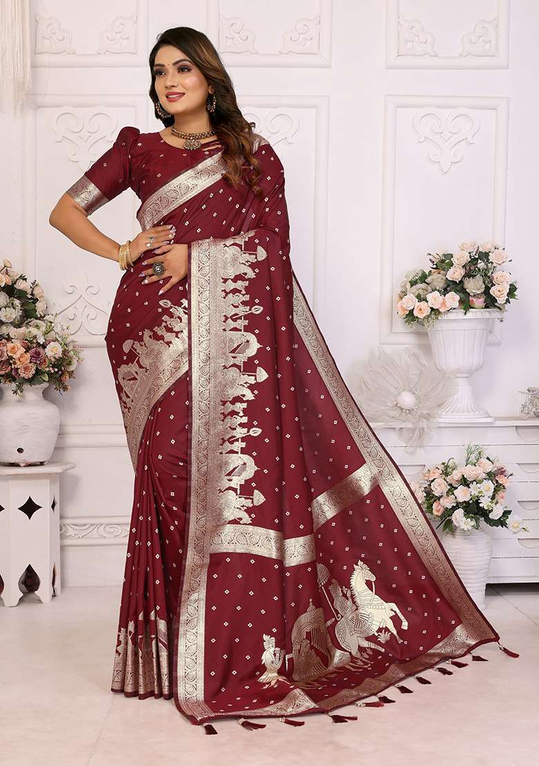 Coffee Zari Embroidered Silk Saree Set - Indya