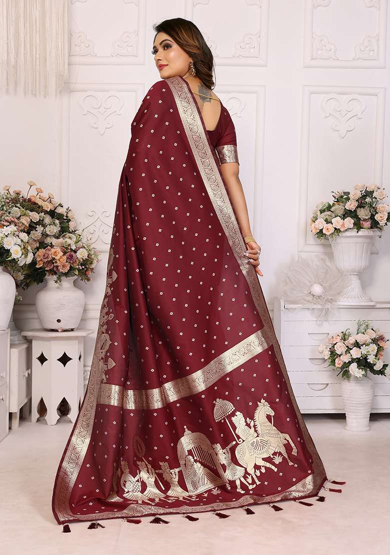 Coffee Zari Embroidered Silk Saree Set - Indya
