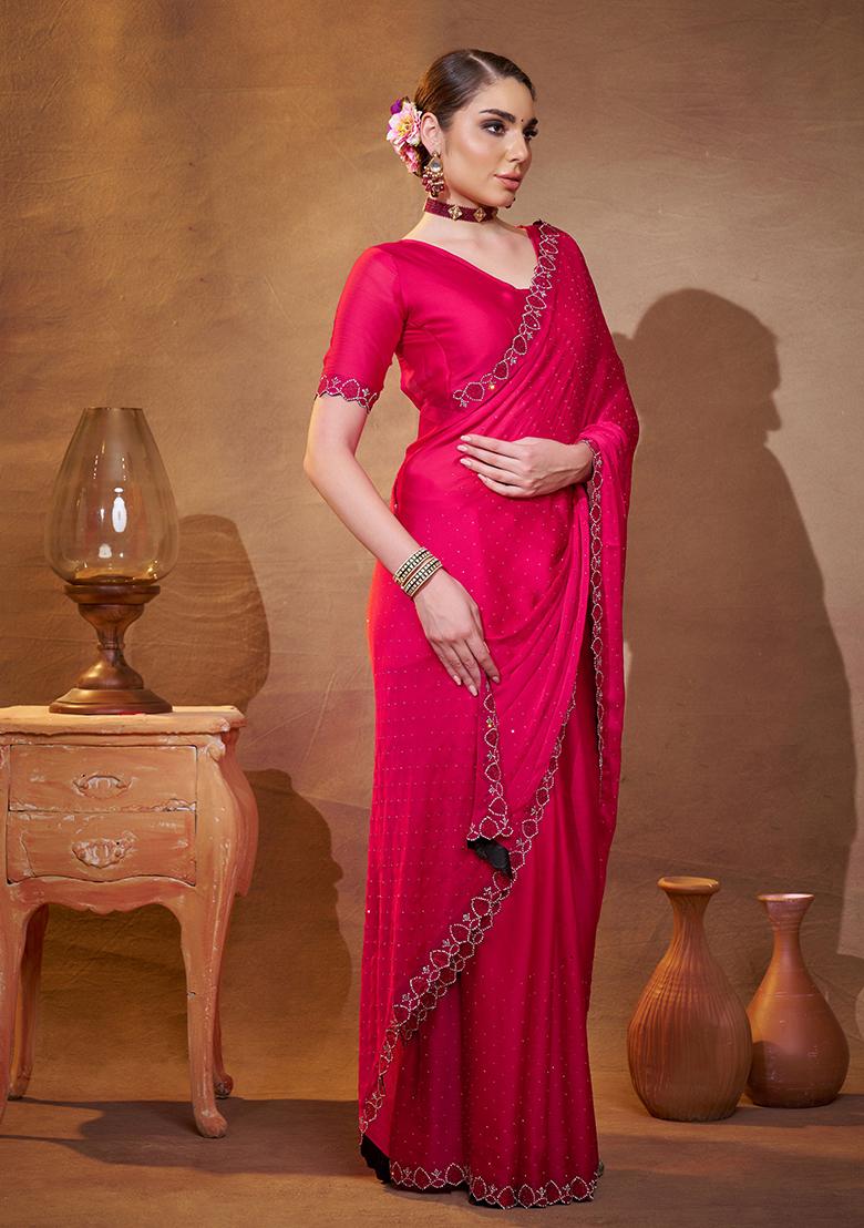 Pink Embroidered Chiffon Saree Set