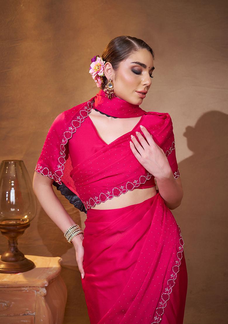 Pink Embroidered Chiffon Saree Set