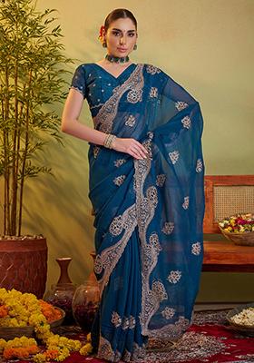 Teal Blue Embroidered Chiffon Saree Set