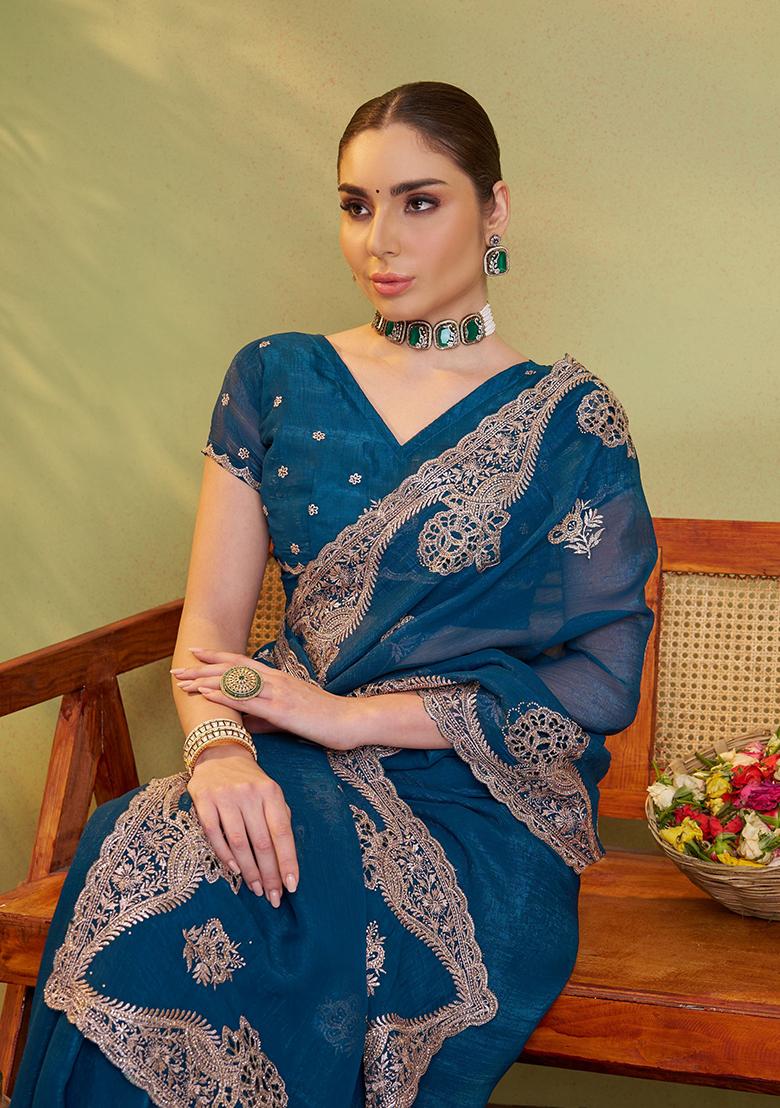 Teal Blue Embroidered Chiffon Saree Set