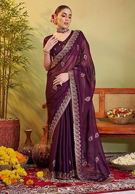 Wine Embroidered Chiffon Saree Set