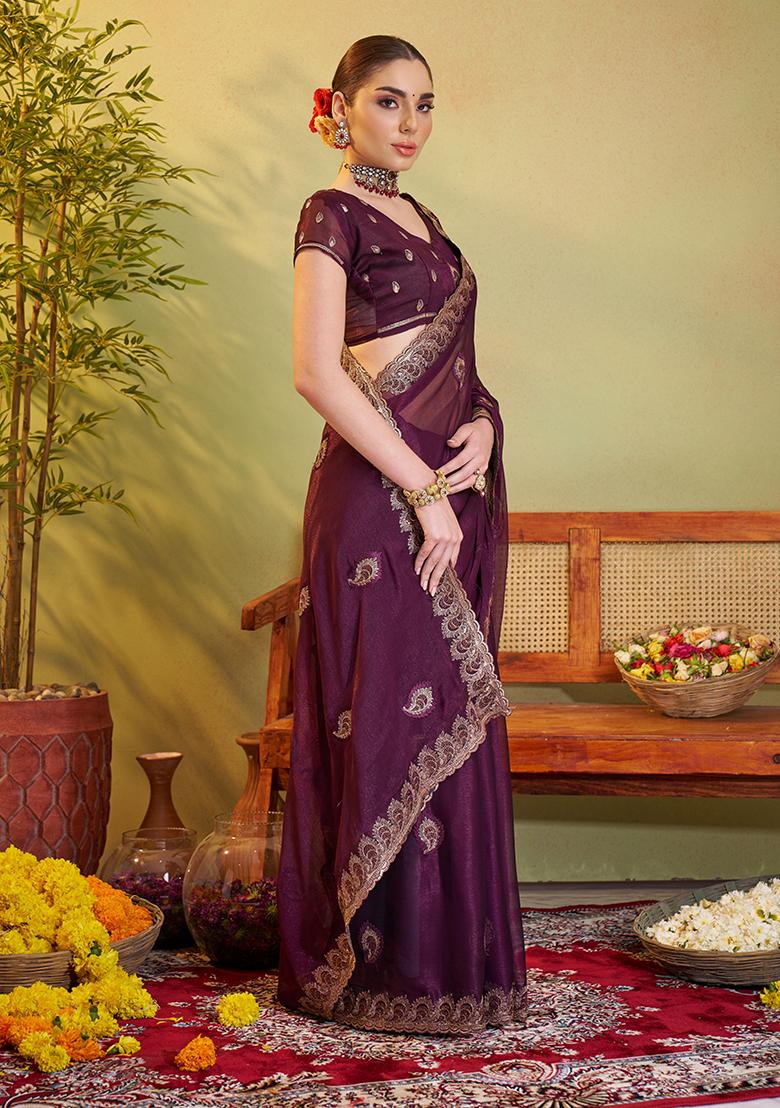 Wine Embroidered Chiffon Saree Set