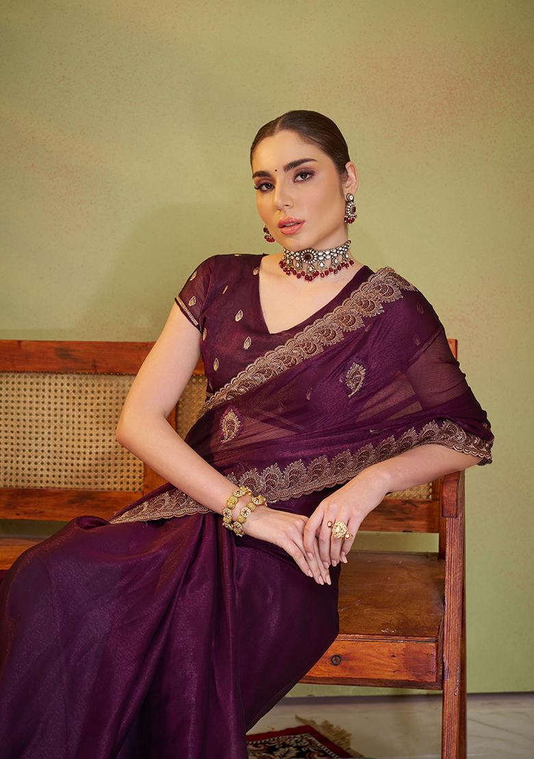 Wine Embroidered Chiffon Saree Set