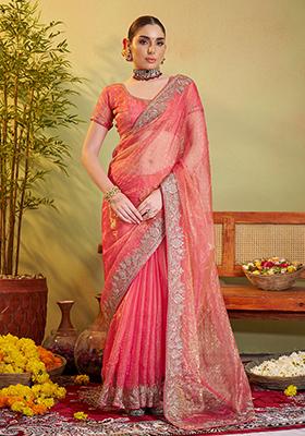 Peach Embroidered Organza Saree Set