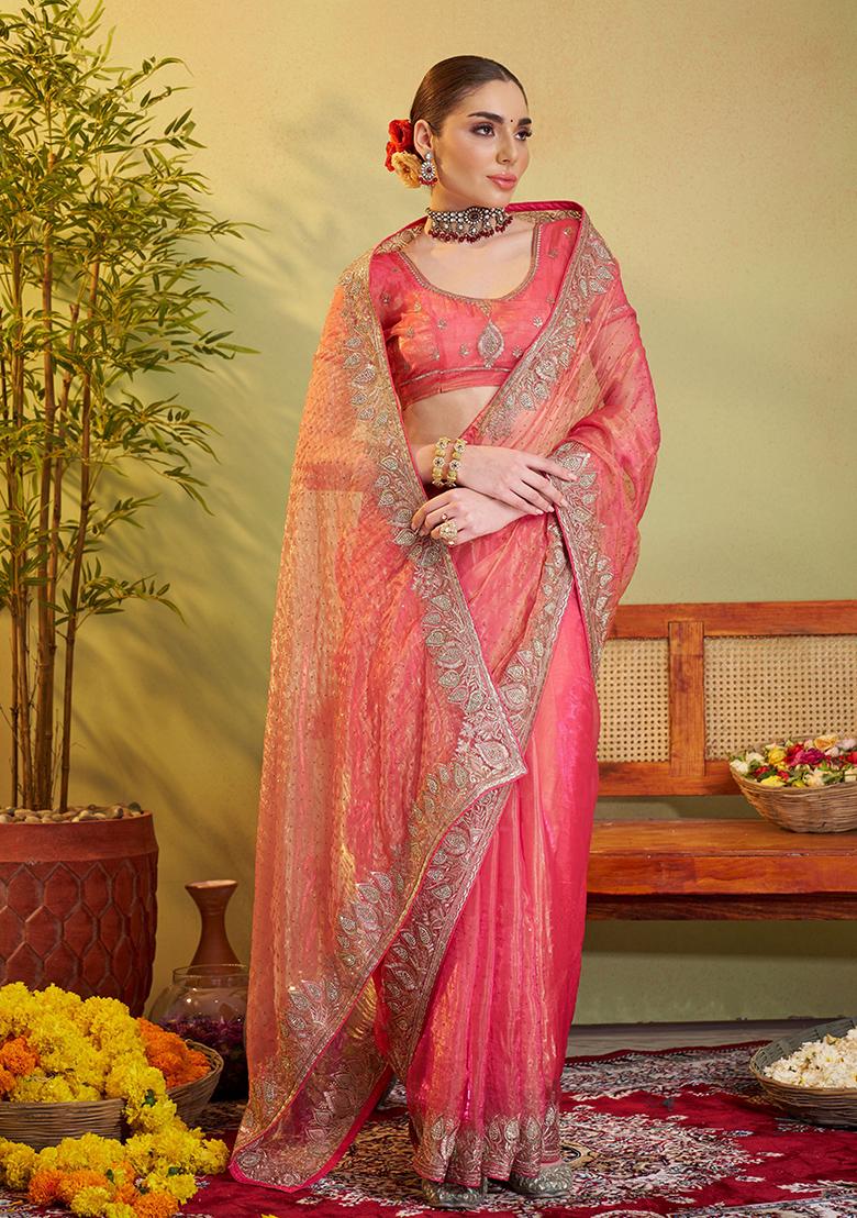 Peach Embroidered Organza Saree Set