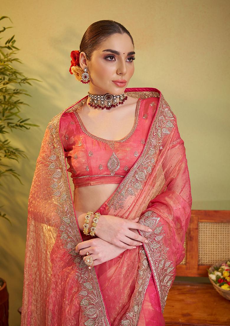 Peach Embroidered Organza Saree Set