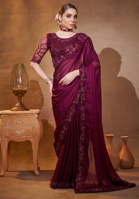 Purple Embroidered Jacquard Saree Set