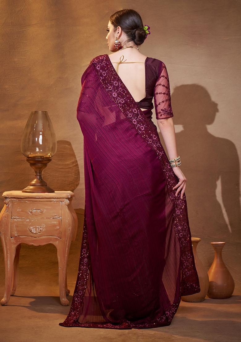 Purple Embroidered Jacquard Saree Set