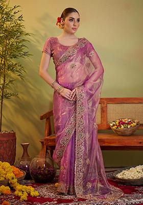 Pink Embroidered Organza Saree Set