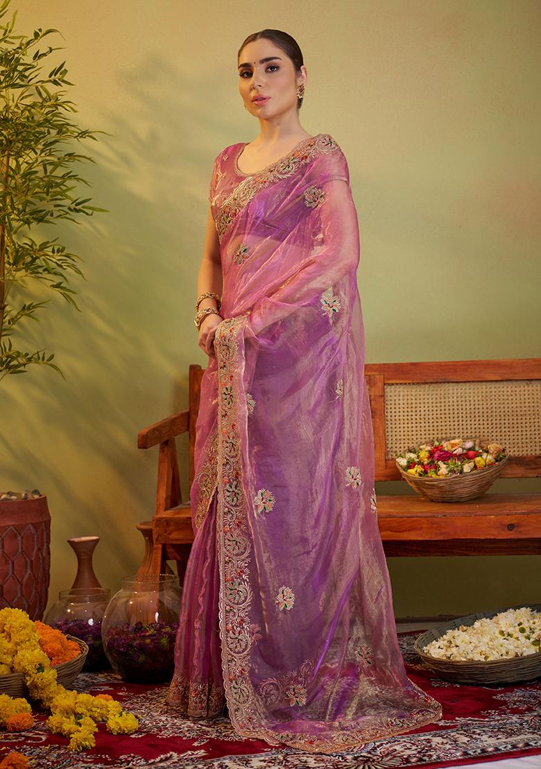 Pink Embroidered Organza Saree Set