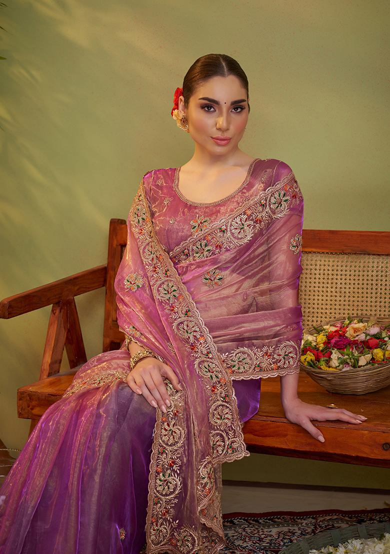 Pink Embroidered Organza Saree Set