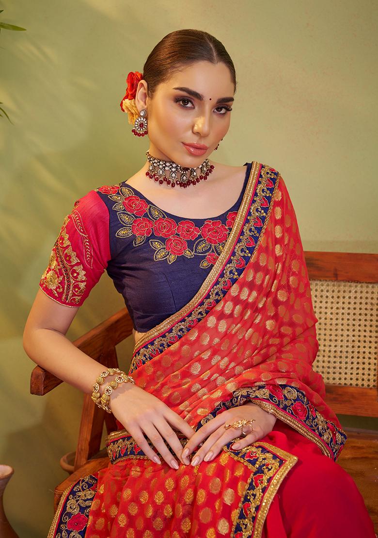 Red Embroidered Silk Saree Set