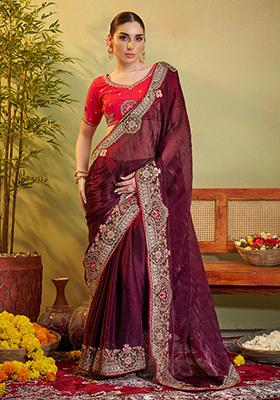 Wine Embroidered Silk Saree Set
