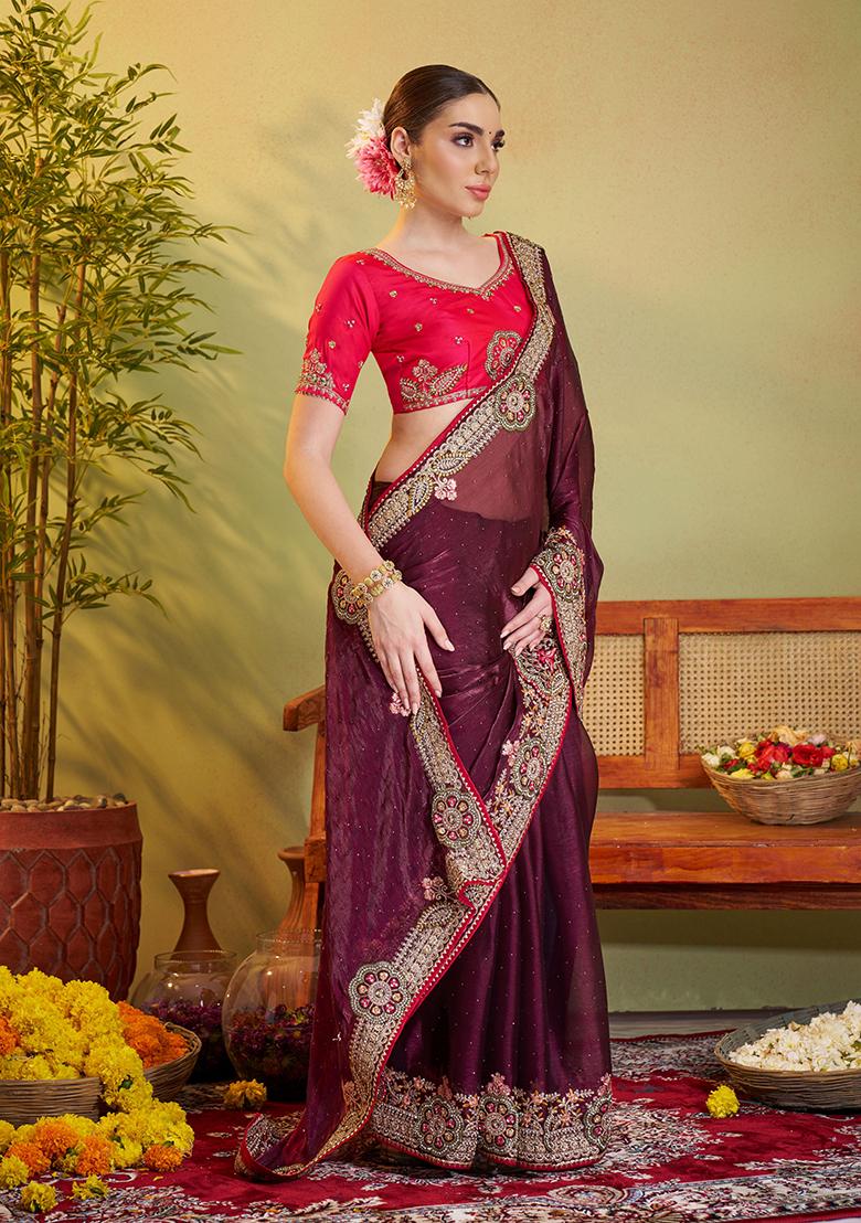 Wine Embroidered Silk Saree Set