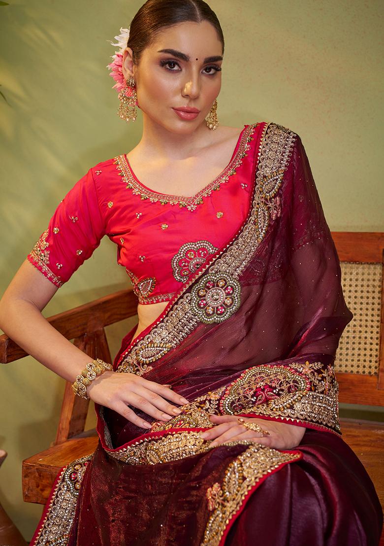 Wine Embroidered Silk Saree Set