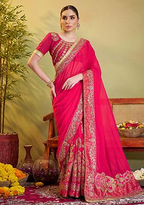 Pink Embroidered Satin Saree Set