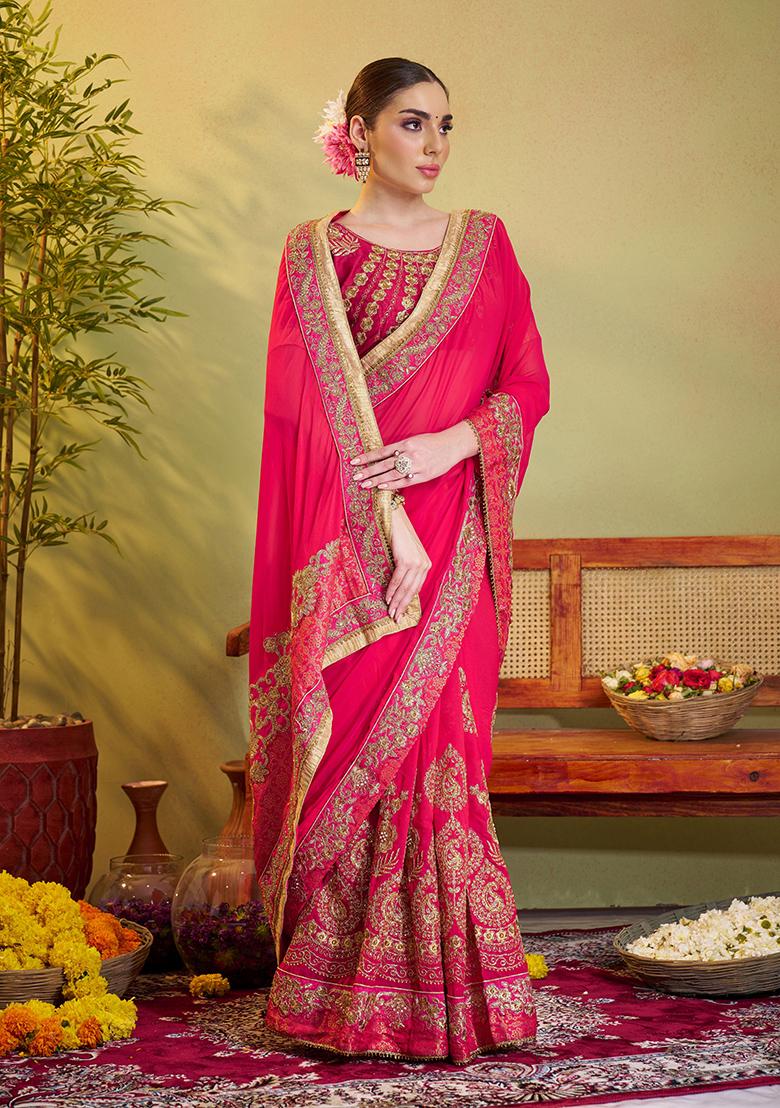 Pink Embroidered Satin Saree Set