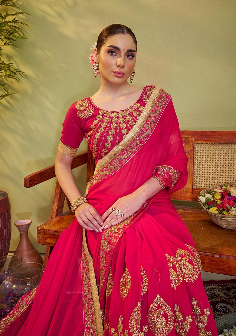 Pink Embroidered Satin Saree Set