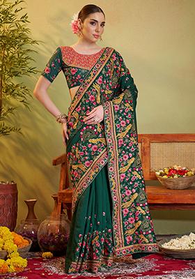 Green Embroidered Satin Saree Set