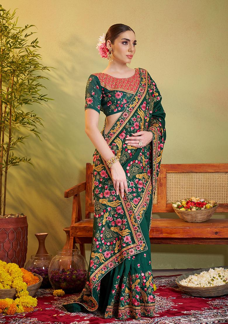 Green Embroidered Satin Saree Set