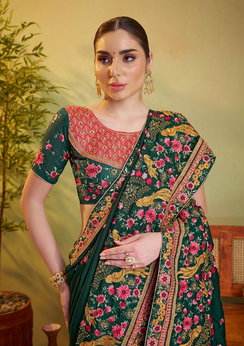Green Embroidered Satin Saree Set