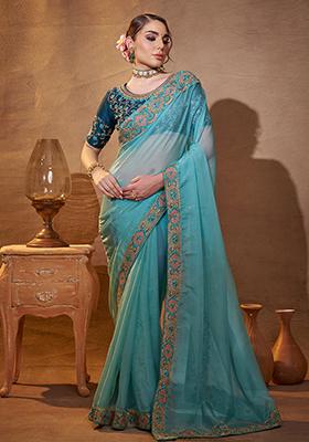 Sky Blue Embroidered Organza Saree Set