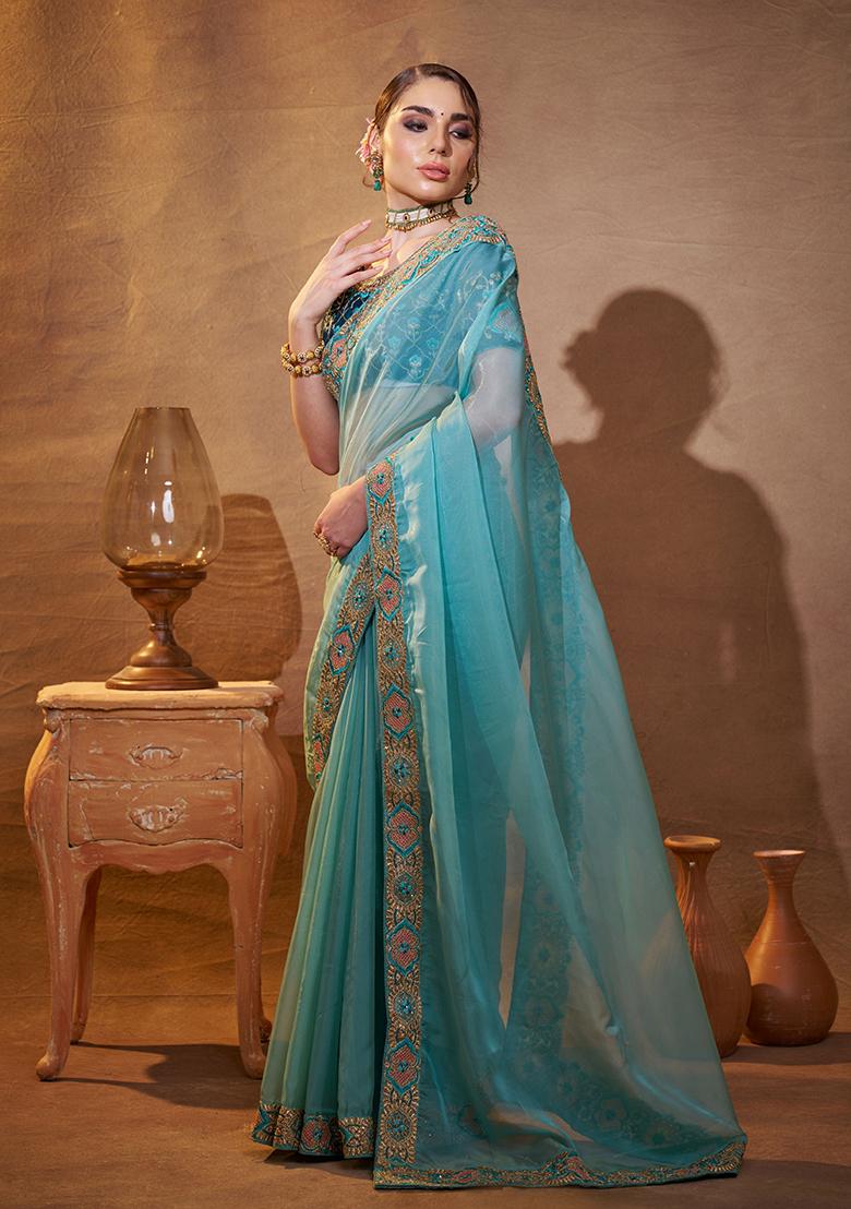 Sky Blue Embroidered Organza Saree Set