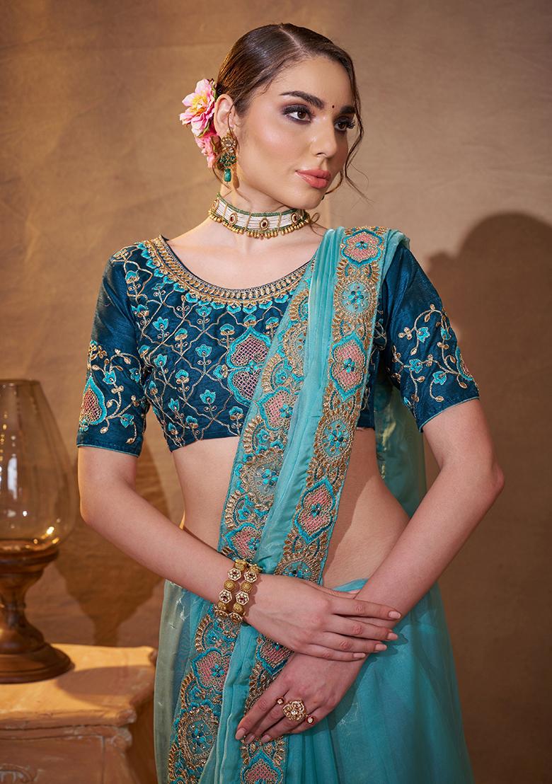Sky Blue Embroidered Organza Saree Set