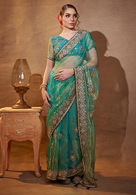 Sea Green Embroidered Organza Saree Set