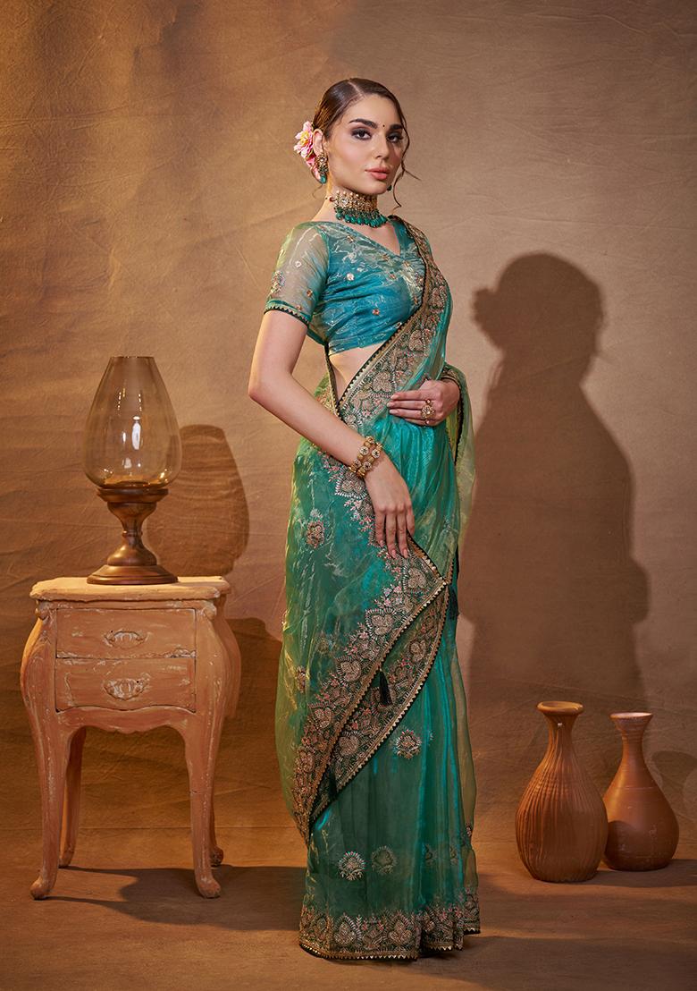 Sea Green Embroidered Organza Saree Set