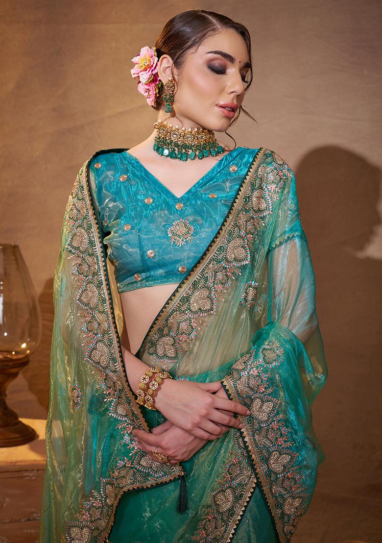 Sea Green Embroidered Organza Saree Set