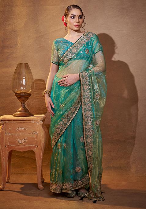 Sea Green Embroidered Organza Saree Set