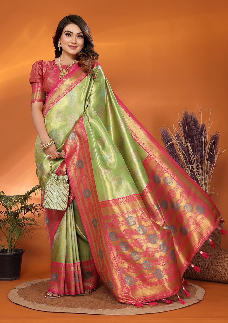 Green Zari Embroidered Silk Saree Set