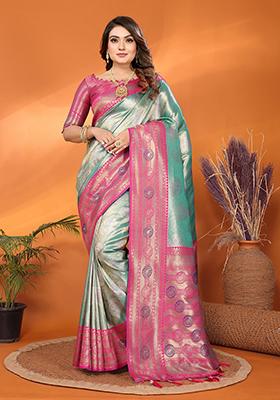 Sea Green Zari Embroidered Silk Saree Set