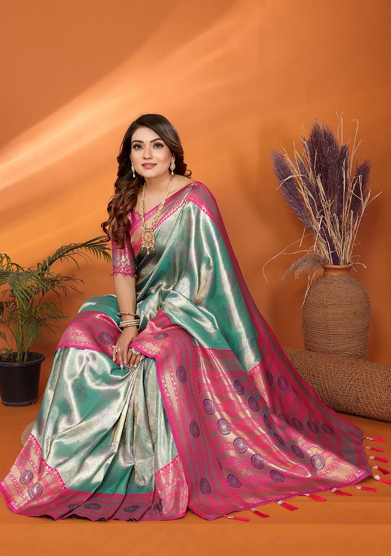 Sea Green Zari Embroidered Silk Saree Set
