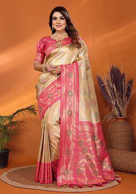 Beige Zari Embroidered Silk Saree Set