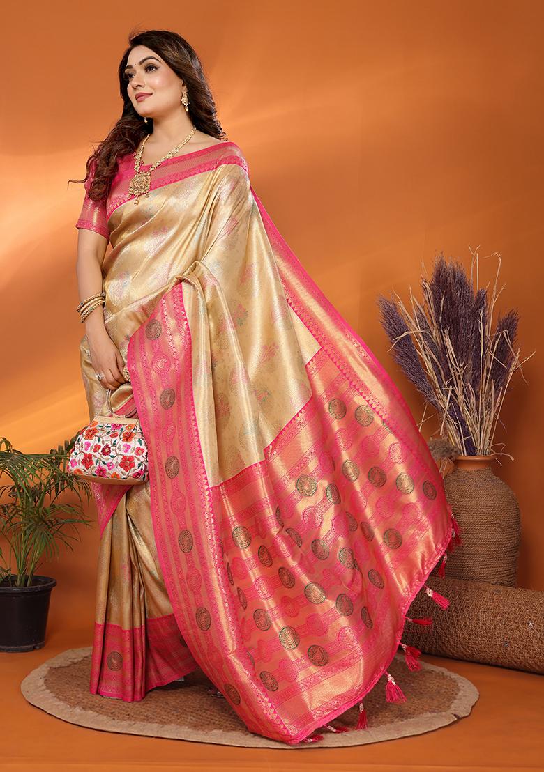 Beige Zari Embroidered Silk Saree Set