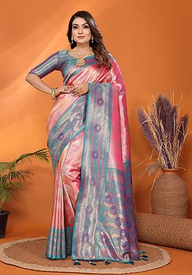 Peach Zari Embroidered Silk Saree Set