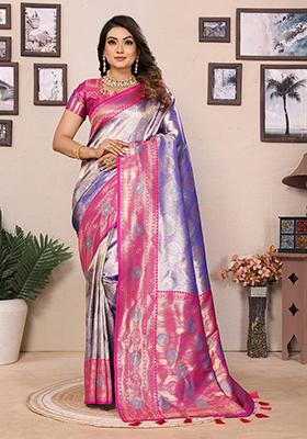 Lavender Zari Embroidered Silk Saree Set